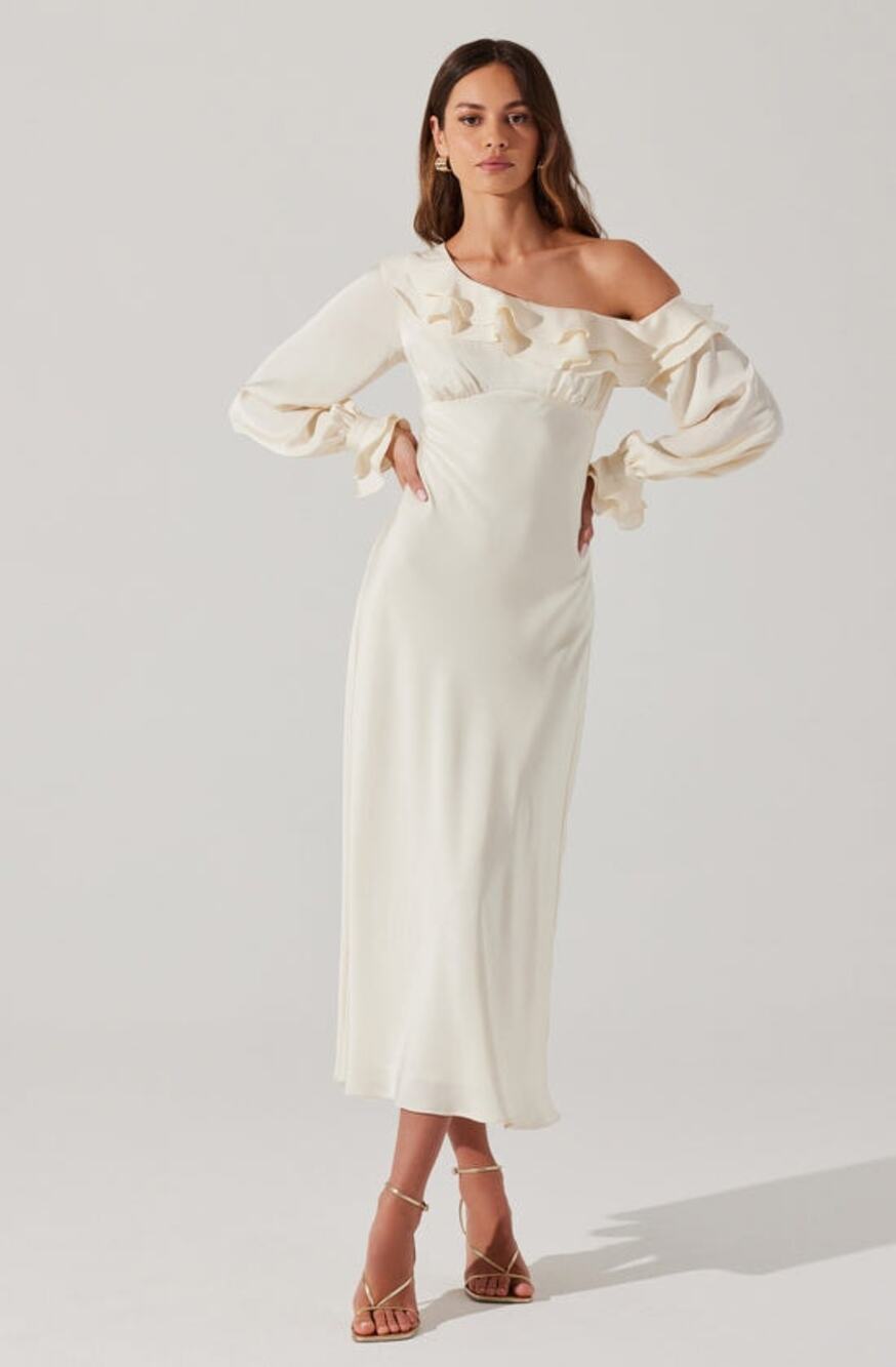 Astr One-Shoulder Ruffle Midi Dress in Ivory